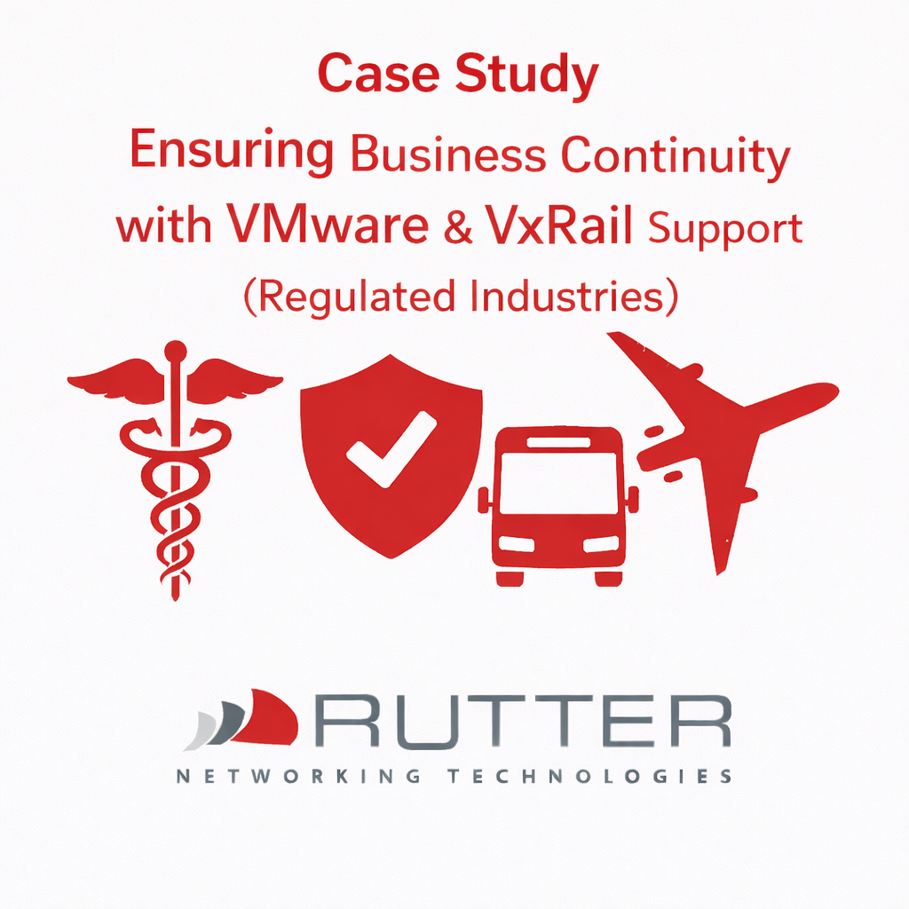 Case study graphic for Rutter Networking Technologies titled “Ensuring Business Continuity with VMware &amp; VxRail Support (Regulated Industries)” featuring red healthcare, security shield, transportation, and aerospace icons above the Rutter logo.