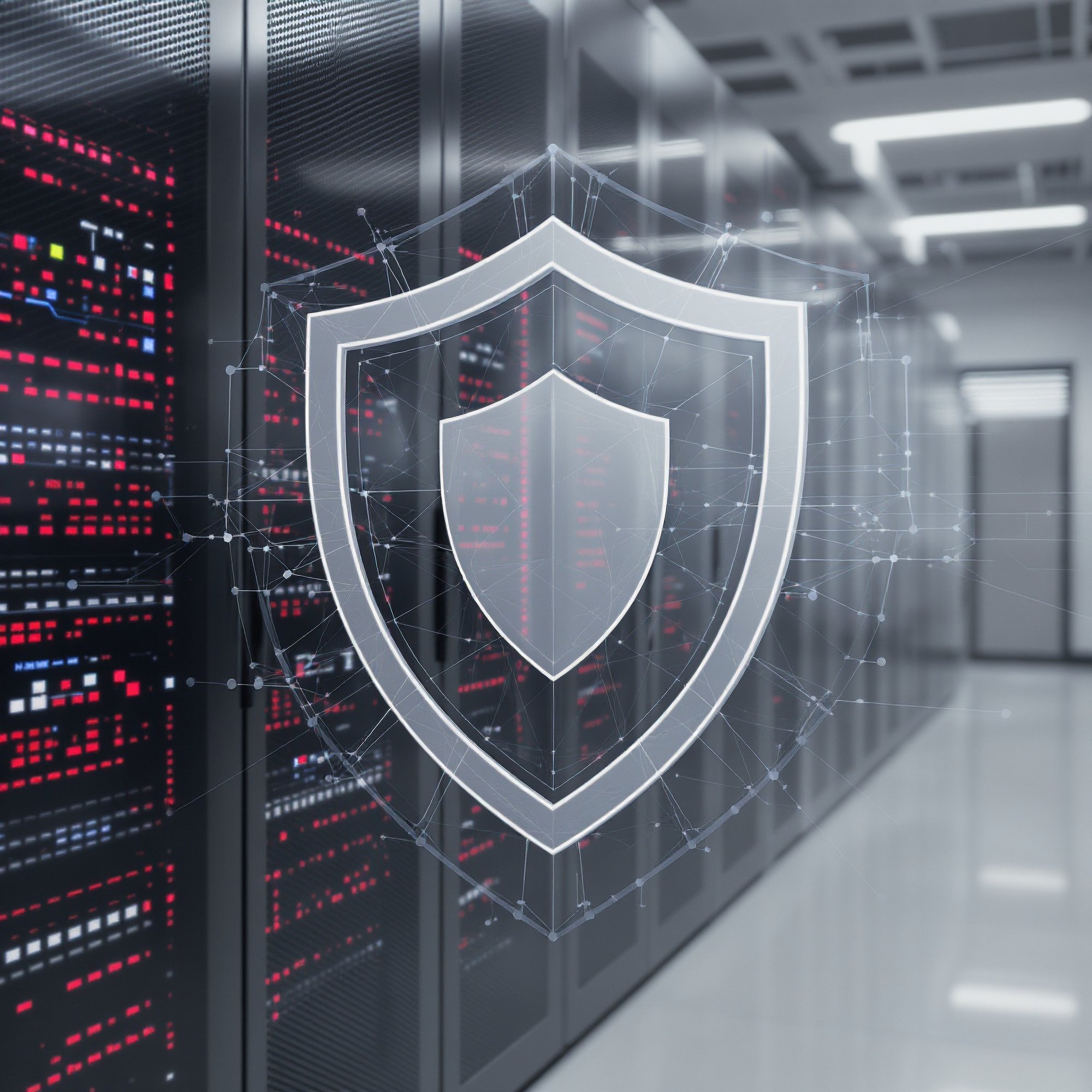 Enterprise data center with secure server racks and digital cybersecurity shield overlay, representing VMware and Dell EMC VxRail infrastructure, managed security services, and high-availability support for regulated, mission-critical industries.