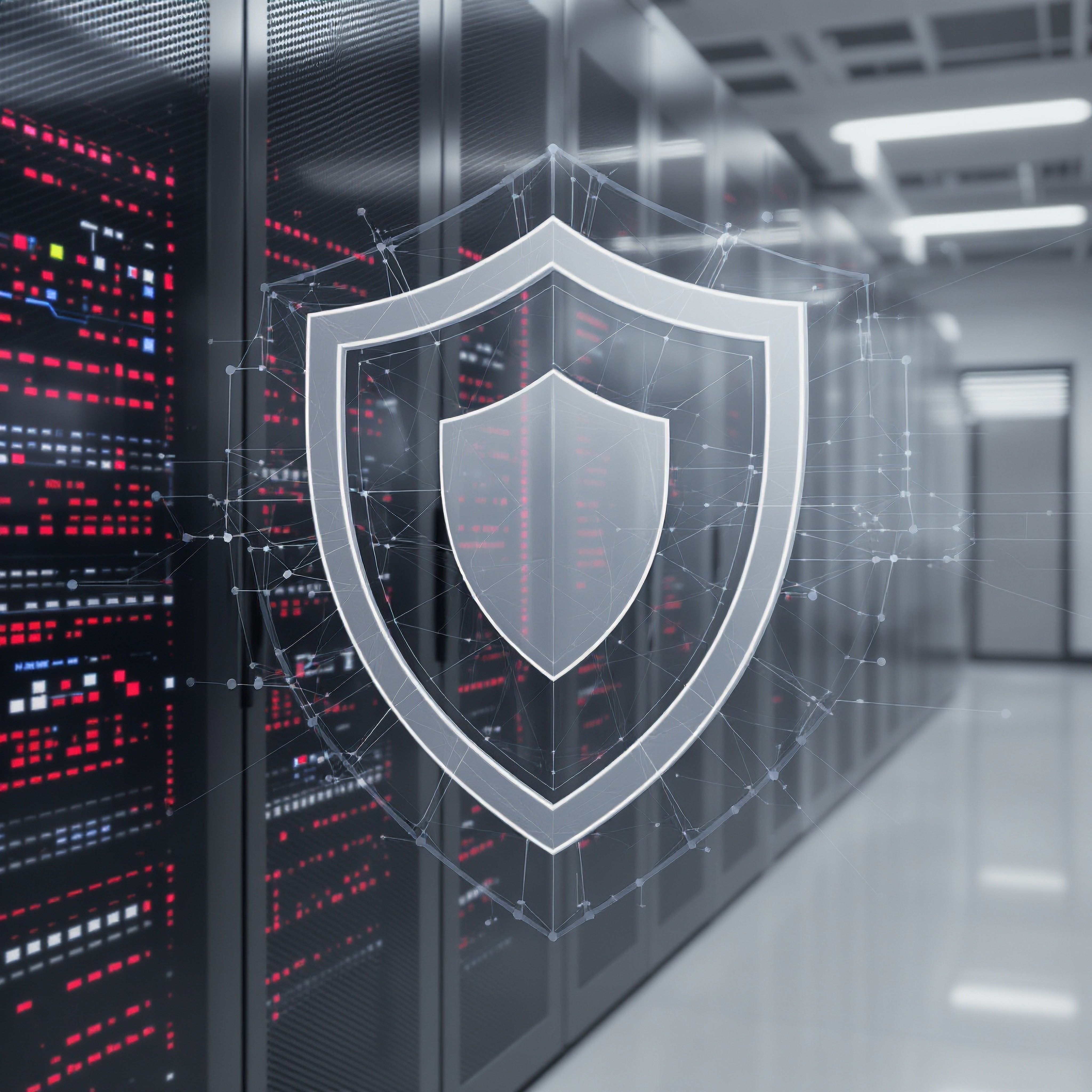 Enterprise data center with secure server racks and digital cybersecurity shield overlay, representing VMware and Dell EMC VxRail infrastructure, managed security services, and high-availability support for regulated, mission-critical industries.