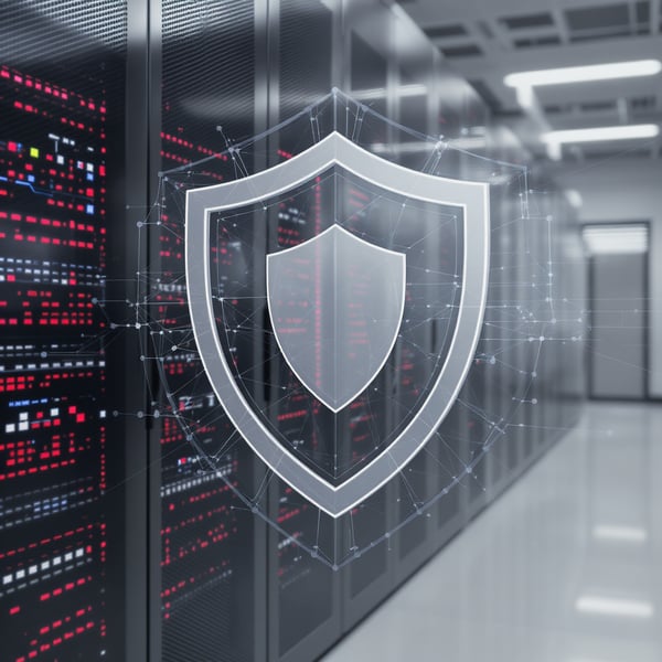 Enterprise data center with secure server racks and digital cybersecurity shield overlay, representing VMware and Dell EMC VxRail infrastructure, managed security services, and high-availability support for regulated, mission-critical industries.