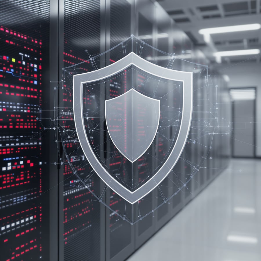 Enterprise data center with secure server racks and digital cybersecurity shield overlay, representing VMware and Dell EMC VxRail infrastructure, managed security services, and high-availability support for regulated, mission-critical industries. Enterprise data center with secure server racks and digital cybersecurity shield overlay, representing VMware and Dell EMC VxRail infrastructure, managed security services, and high-availability support for regulated, mission-critical industries.