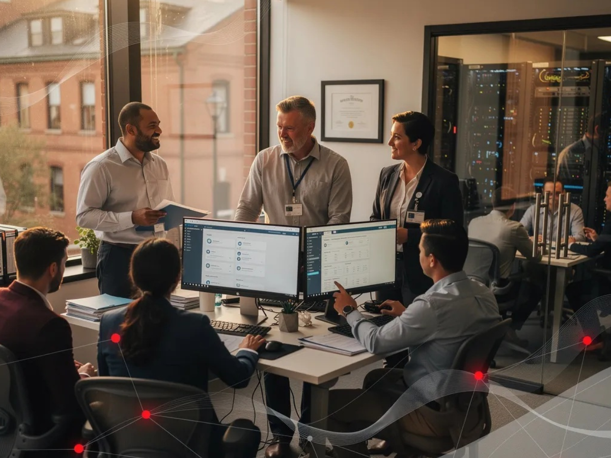 Technology team reviewing secure IT systems and compliance dashboards in a regulated business environment.