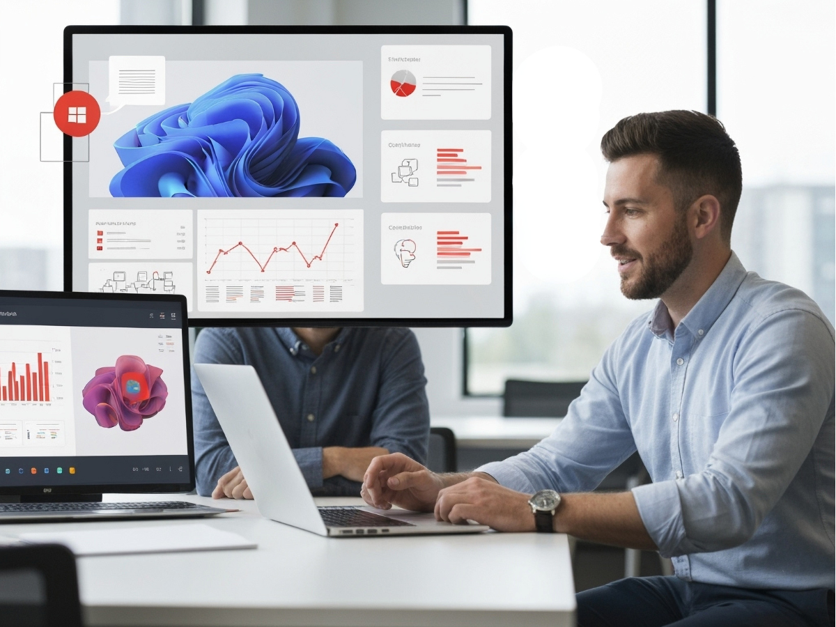 Technology specialist working with managed IT systems and performance analytics in a collaborative office setting.