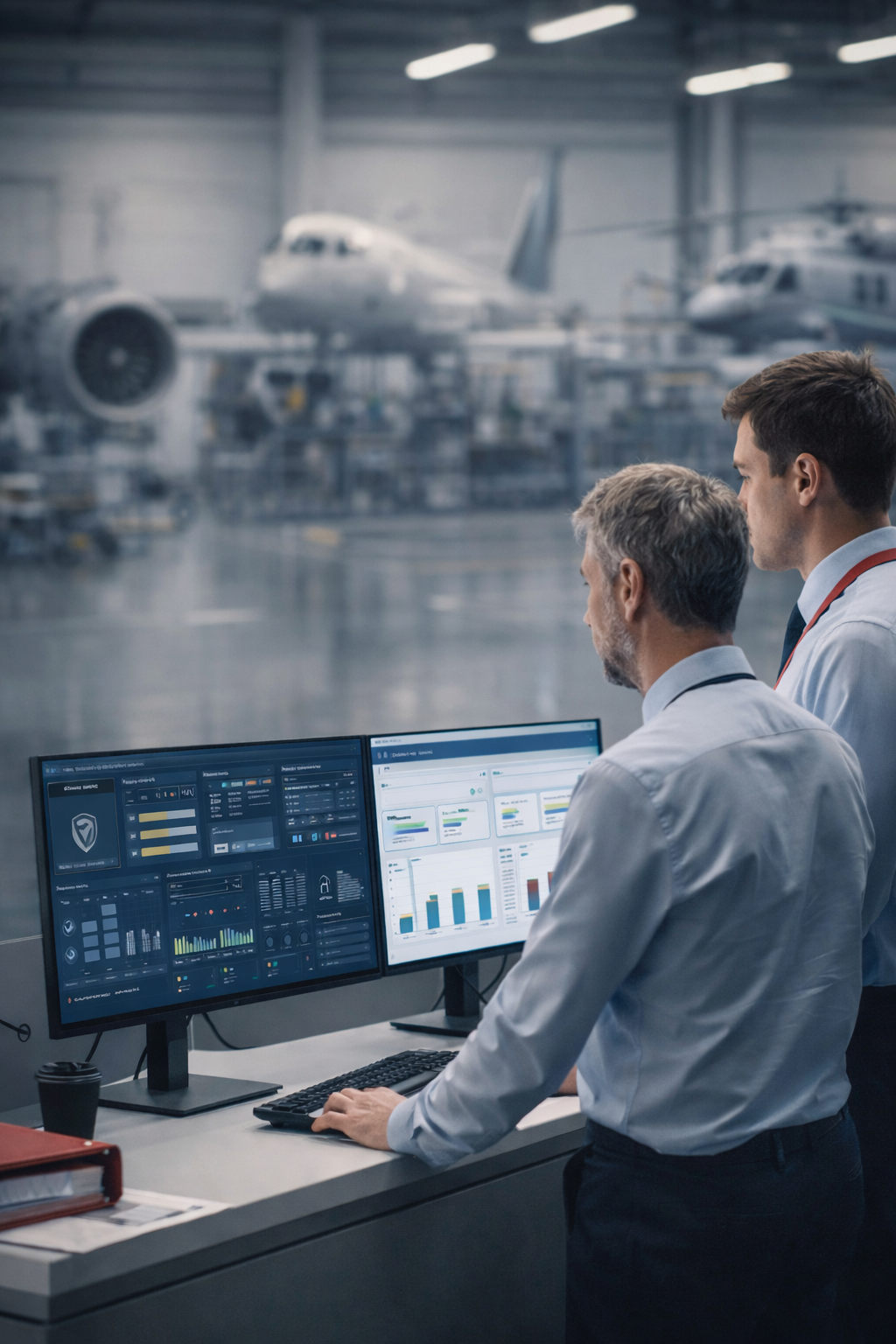 Engineers reviewing security dashboards in an aerospace manufacturing hangar with aircraft and helicopter in background, representing SOC 2 readiness, compliance monitoring, and cybersecurity infrastructure by Rutter Networking Technologies.