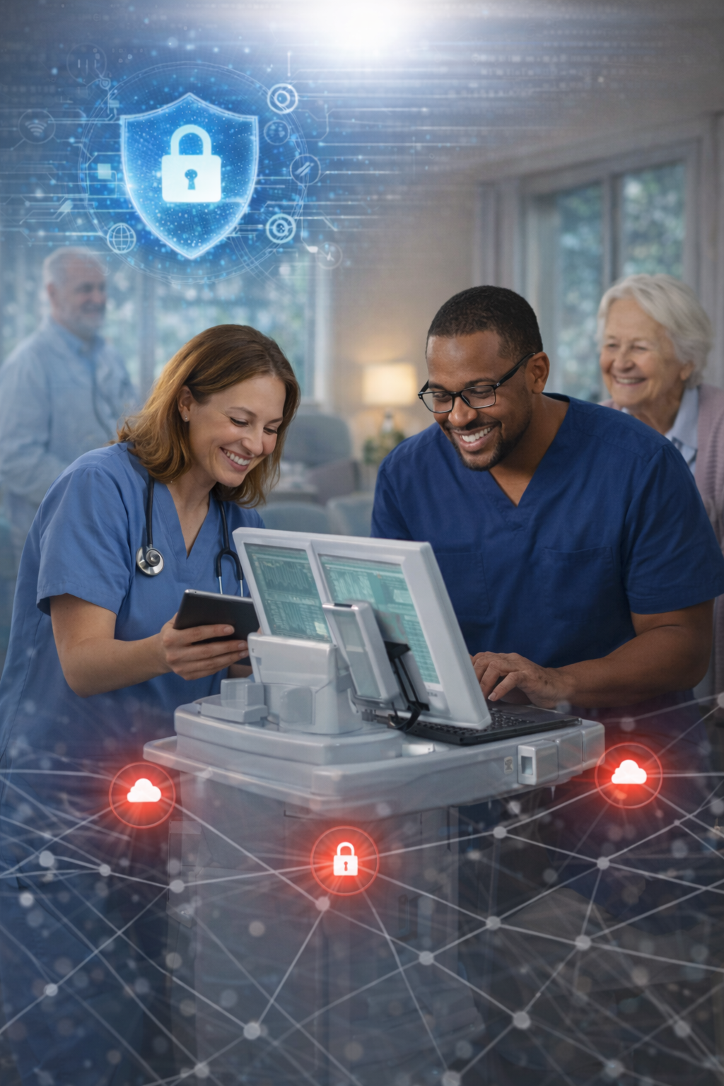 Medical professionals in scrubs using a mobile medical computer cart and tablet in a senior living facility, with elderly residents nearby and digital networking security graphics overlayed, illustrating secure IT infrastructure, healthcare data protection, and compliance-driven technology support.