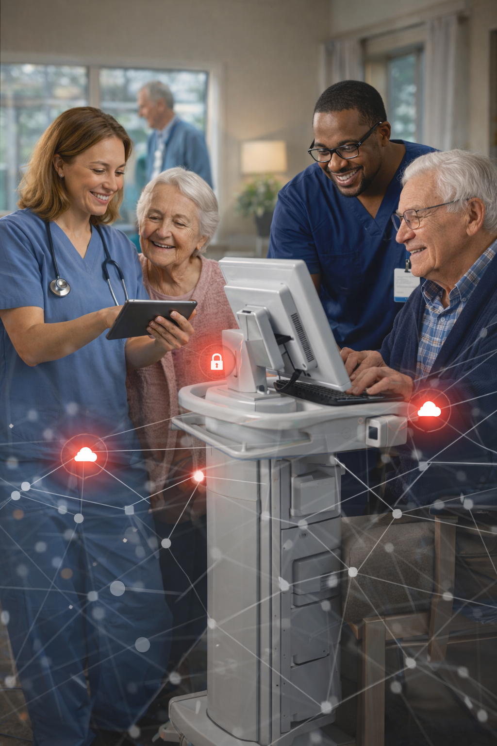Healthcare professionals in an assisted living facility using a mobile medical computer cart and tablet with secure network graphics overlay, representing managed IT services, cybersecurity, and business continuity for senior care organizations by Rutter Networking Technologies.
