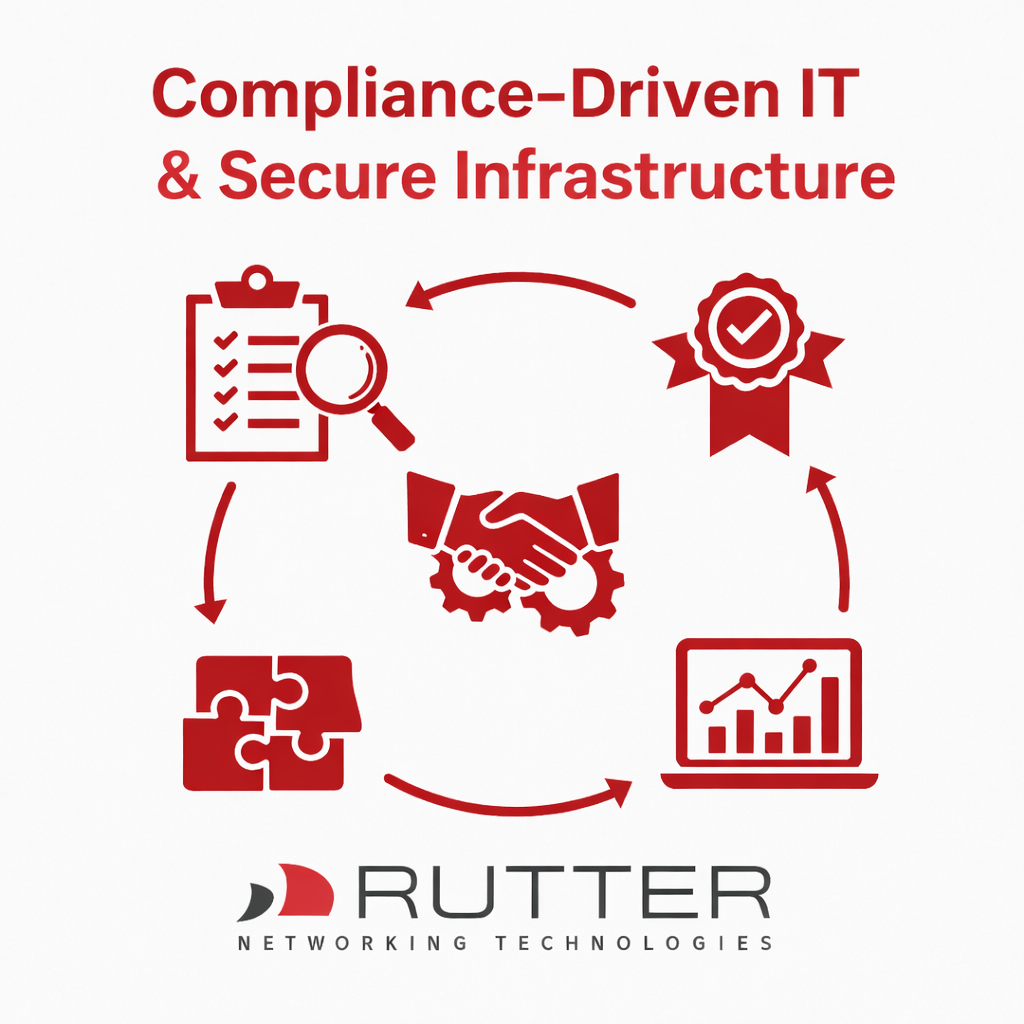Square red-and-white compliance infographic with circular connected icons for Compliance, IT, networking, cybersecurity, audits, monitoring, Infrastructure, regulated industry, with icons: checklist, certification badge, handshake over gears, laptop analytics, puzzle pieces, Rutter branding.
