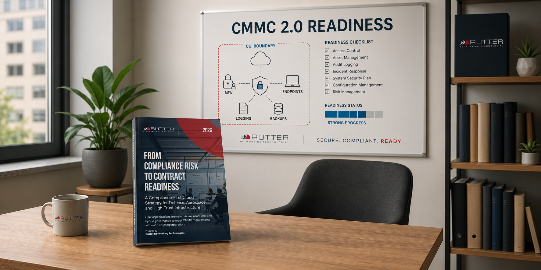 Rutter Azure CMMC guide image showing a 2026 readiness board, CUI boundary diagram, checklist, and white paper titled From Compliance Risk to Contract Readiness Rutter Azure CMMC guide image showing a 2026 readiness board, CUI boundary diagram, checklist, and white paper titled From Compliance Risk to Contract Readiness