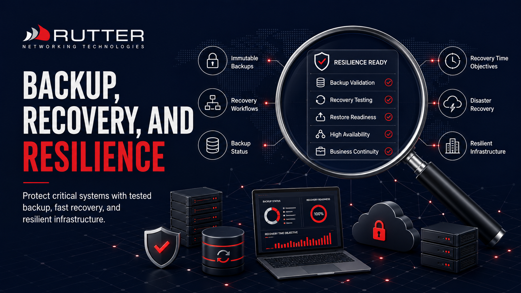 Rutter Backup, Recovery, and Resilience image showing backup validation, recovery testing, restore readiness, high availability, business continuity, immutable backups, disaster recovery, and resilient infrastructure for CMMC readiness.