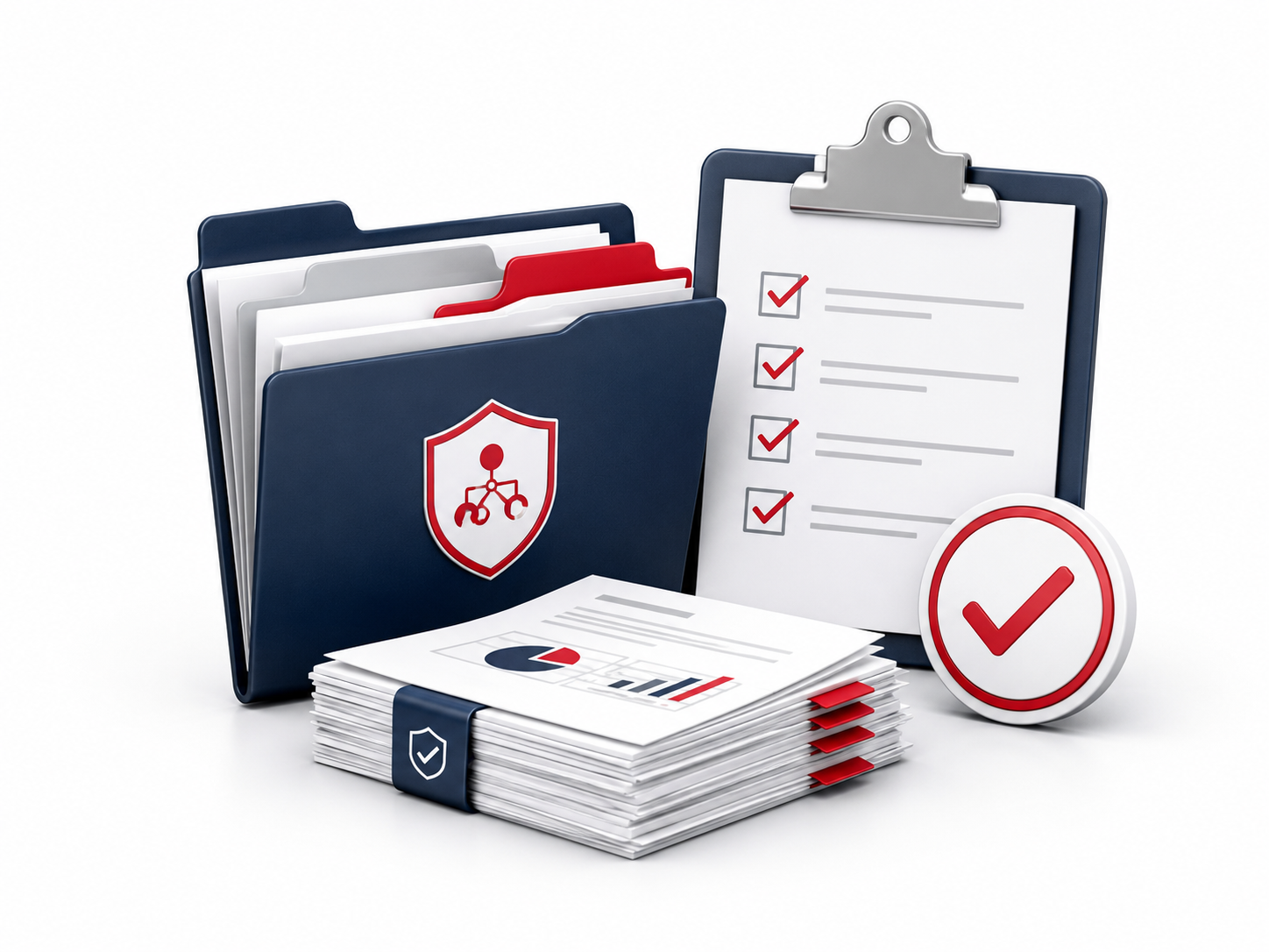 CMMC evidence readiness image showing organized folders, report stack, checklist, and approval checkmark for Rutter technical documentation support CMMC evidence readiness image showing organized folders, report stack, checklist, and approval checkmark for Rutter technical documentation support
