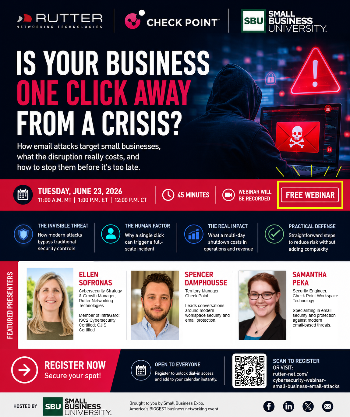 Promotional graphic for Rutter email security webinar with Small Business University and Check Point, featuring Ellen Sofronas, Spencer Damphousse, and Samantha Peka.