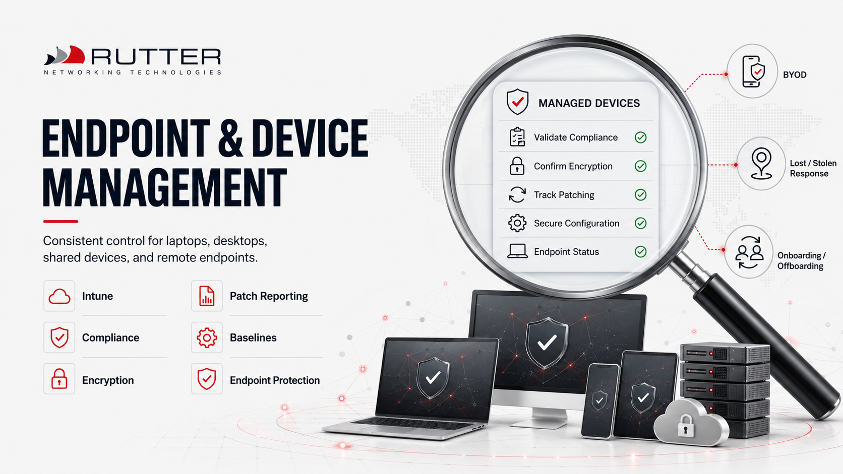 Rutter Endpoint and Device Management image showing Intune, compliance, encryption, patch reporting, baselines, endpoint protection, BYOD, lost or stolen device response, and onboarding or offboarding controls.