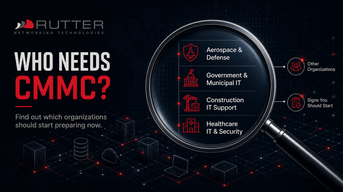 Rutter feature image showing which industries need CMMC, including aerospace and defense, government and municipal IT, construction IT support, healthcare IT and security, other organizations, and signs you should start preparing. Rutter feature image showing which industries need CMMC, including aerospace and defense, government and municipal IT, construction IT support, healthcare IT and security, other organizations, and signs you should start preparing.