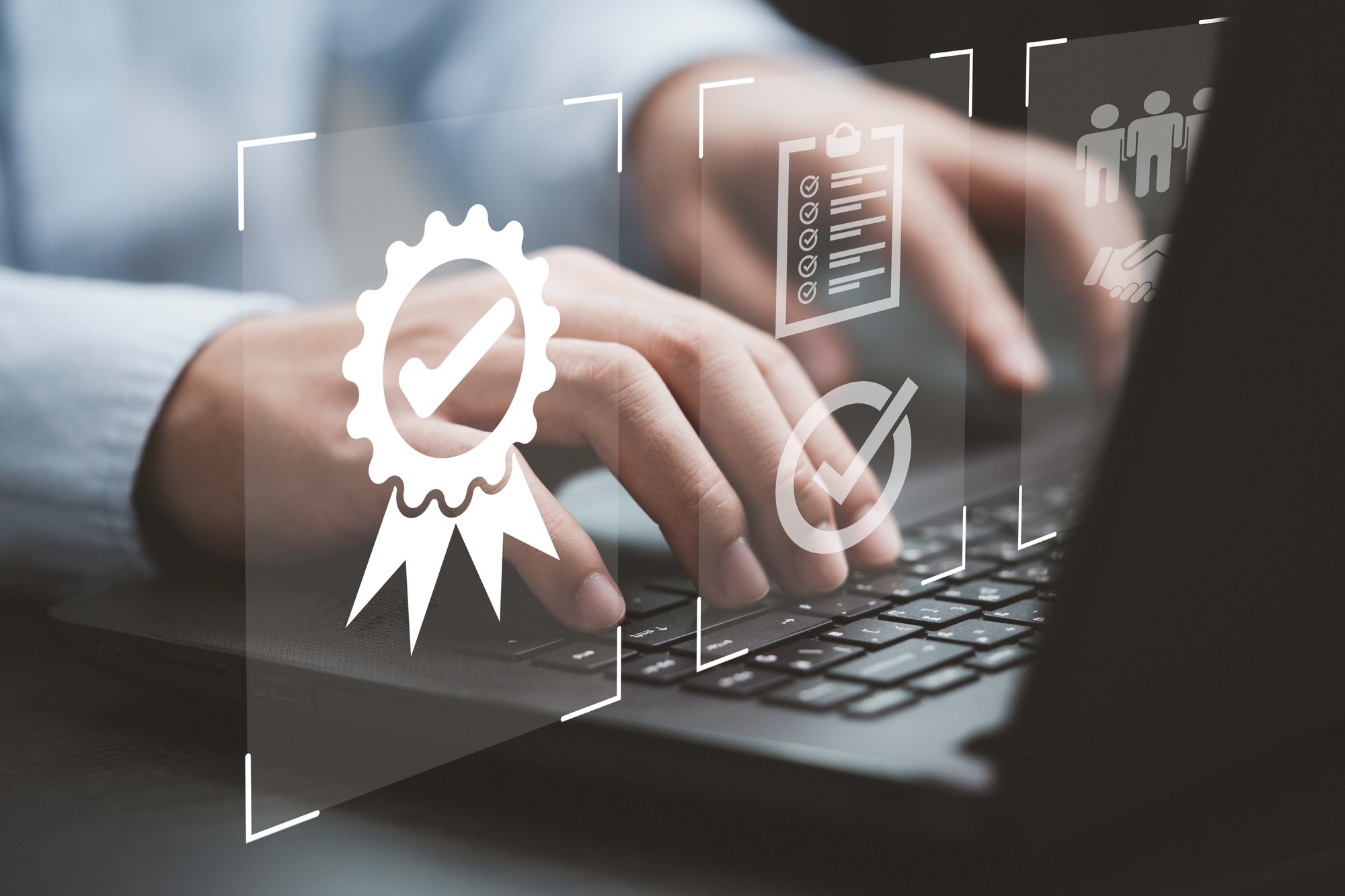 Business professional reviewing digital compliance checklists and security reports, symbolizing SOC 2 certification and Microsoft Purview data governance for Boston organizations in healthcare, finance, law, education, and manufacturing to strengthen trust, security, and IT compliance.