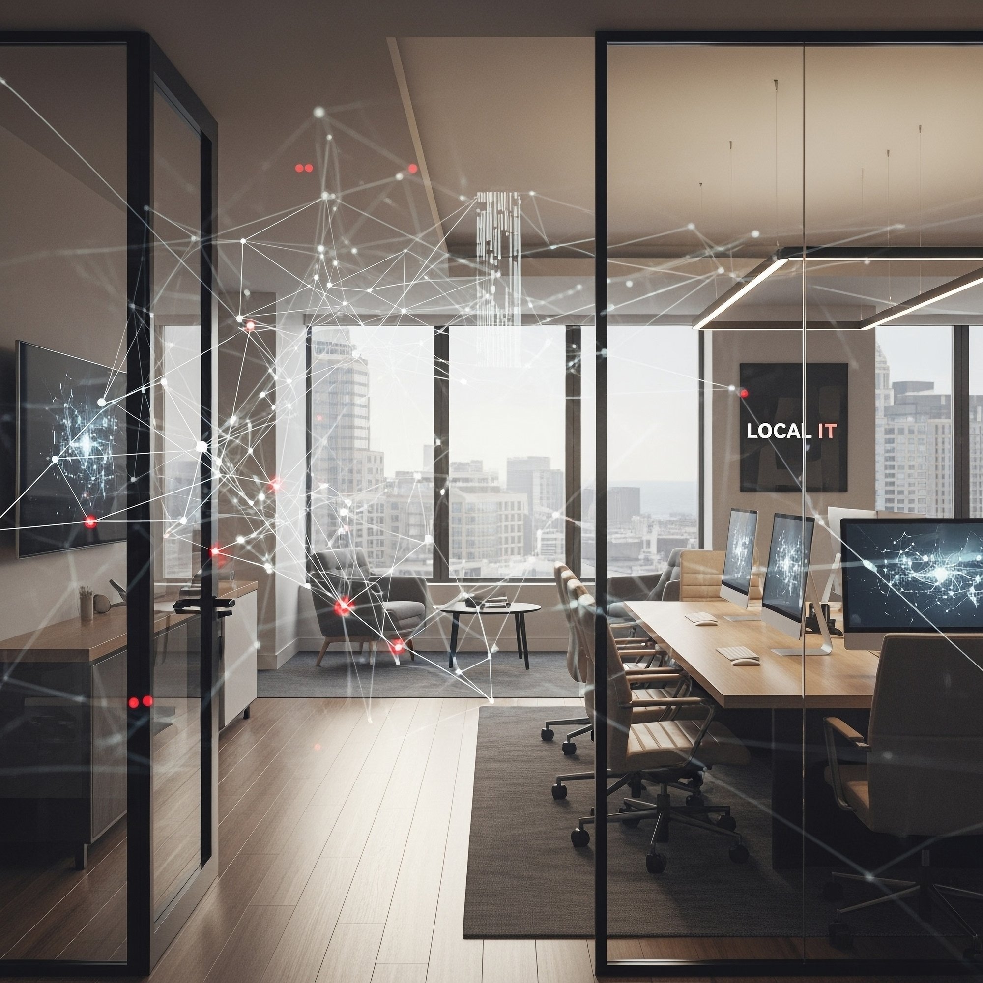 Modern managed IT office environment with cybersecurity network visualization overlay representing secure infrastructure and compliance-ready technology solutions.