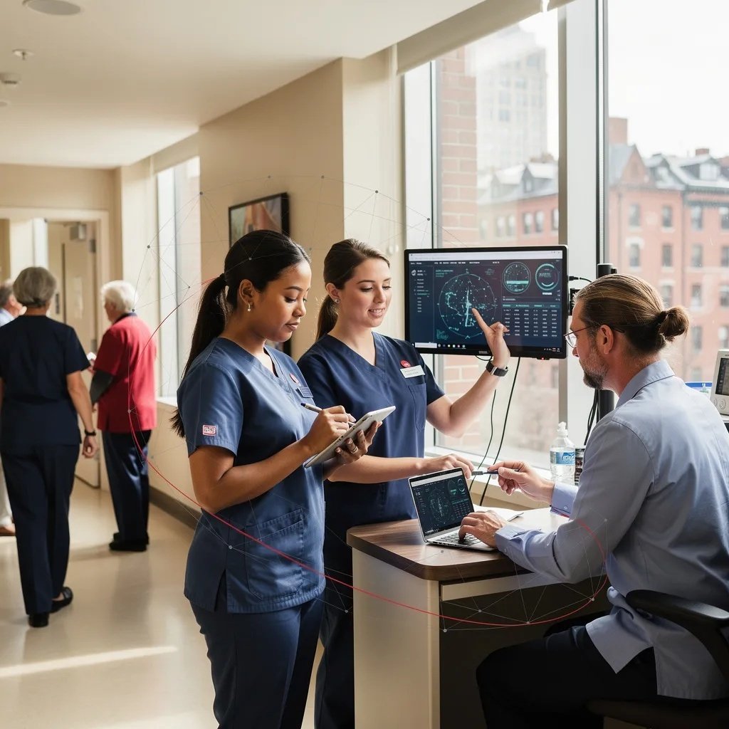 Healthcare staff collaborating with IT specialist reviewing secure infrastructure and cybersecurity monitoring systems in a clinical environment.