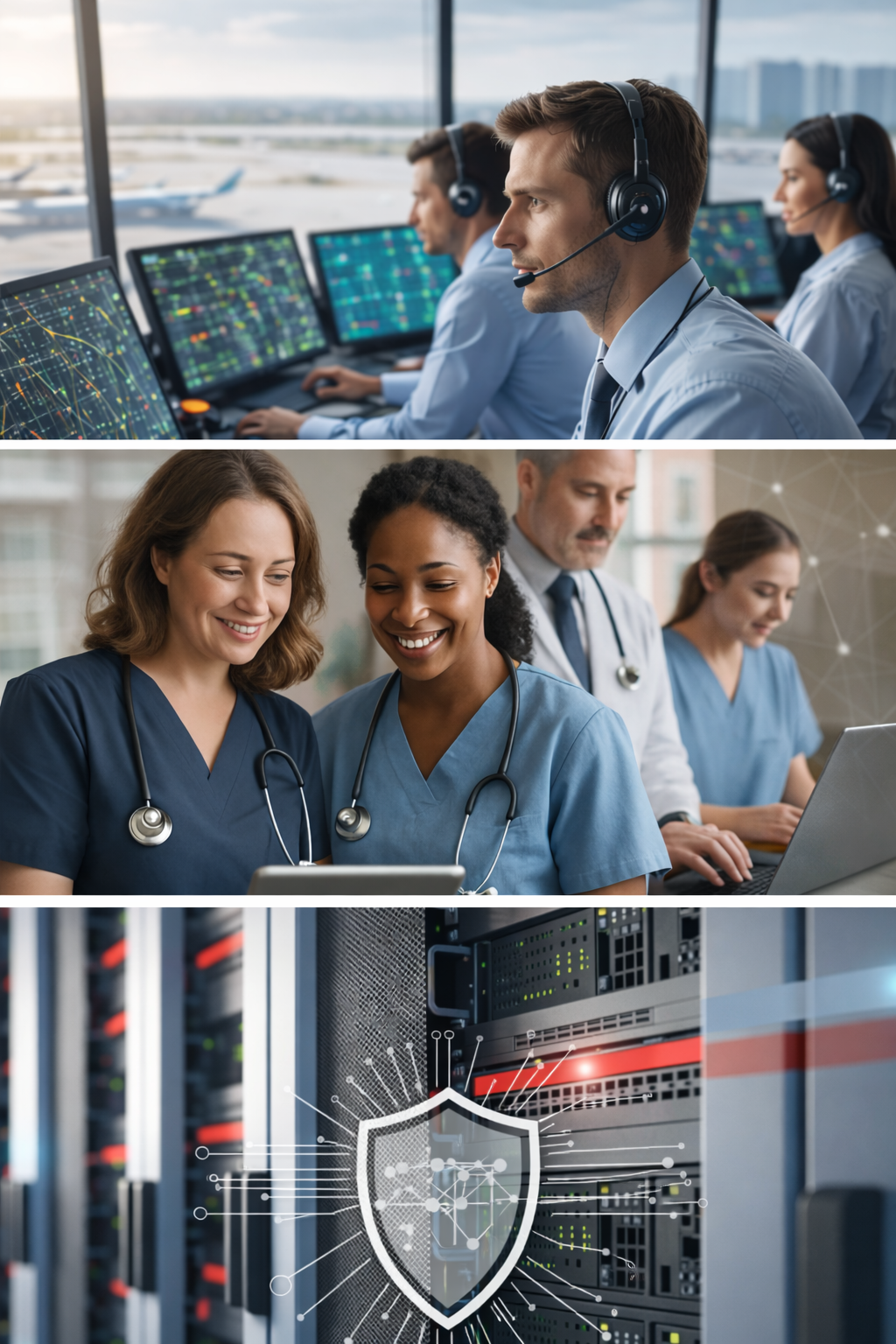 Modern enterprise data center and healthcare IT professionals supported by secure VMware and Dell EMC VxRail infrastructure, representing regulated, mission-critical environments with high availability and compliance-focused IT operations.