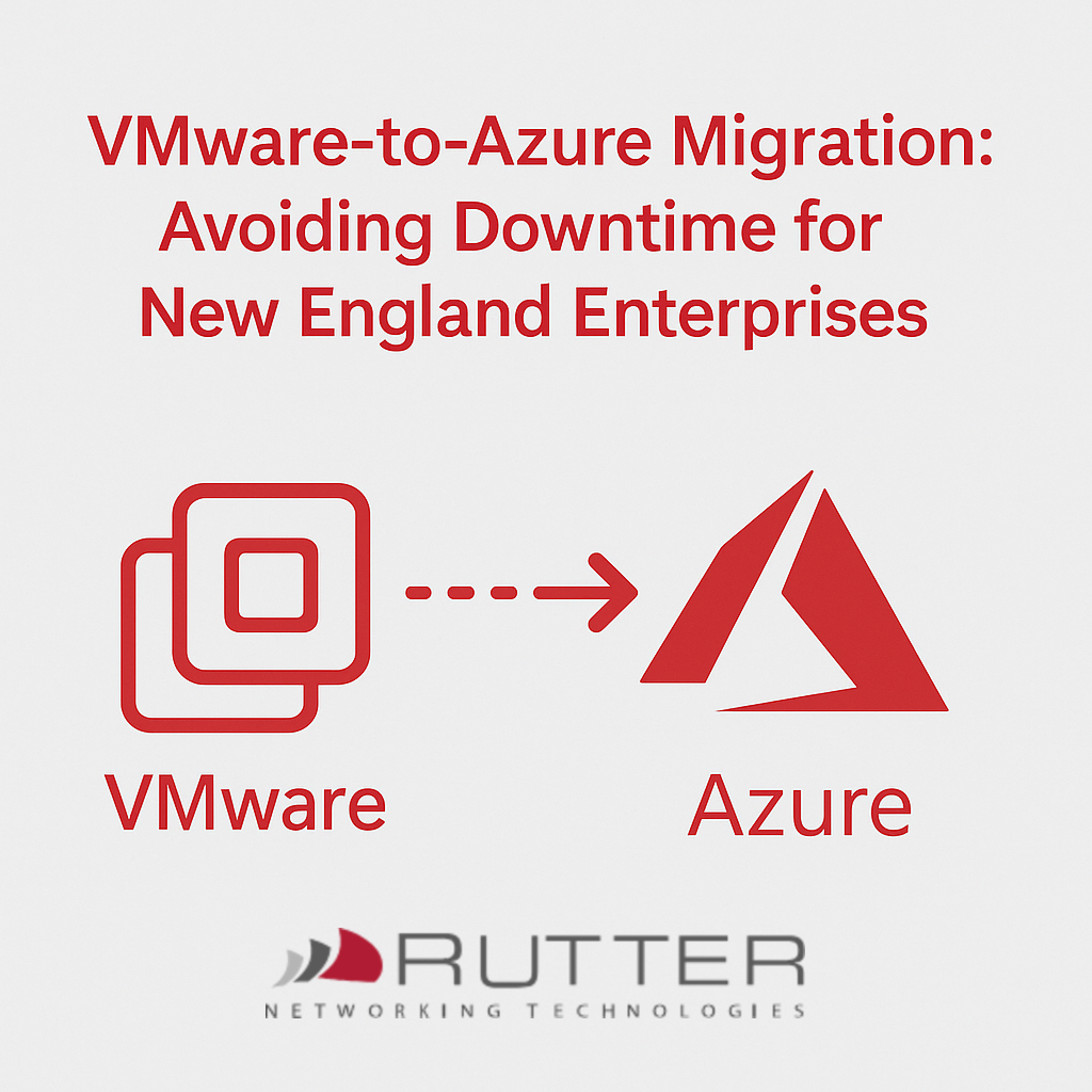 VMware to Azure migration graphic showing secure cloud transition for New England enterprises, featuring Rutter Networking Technologies logo.