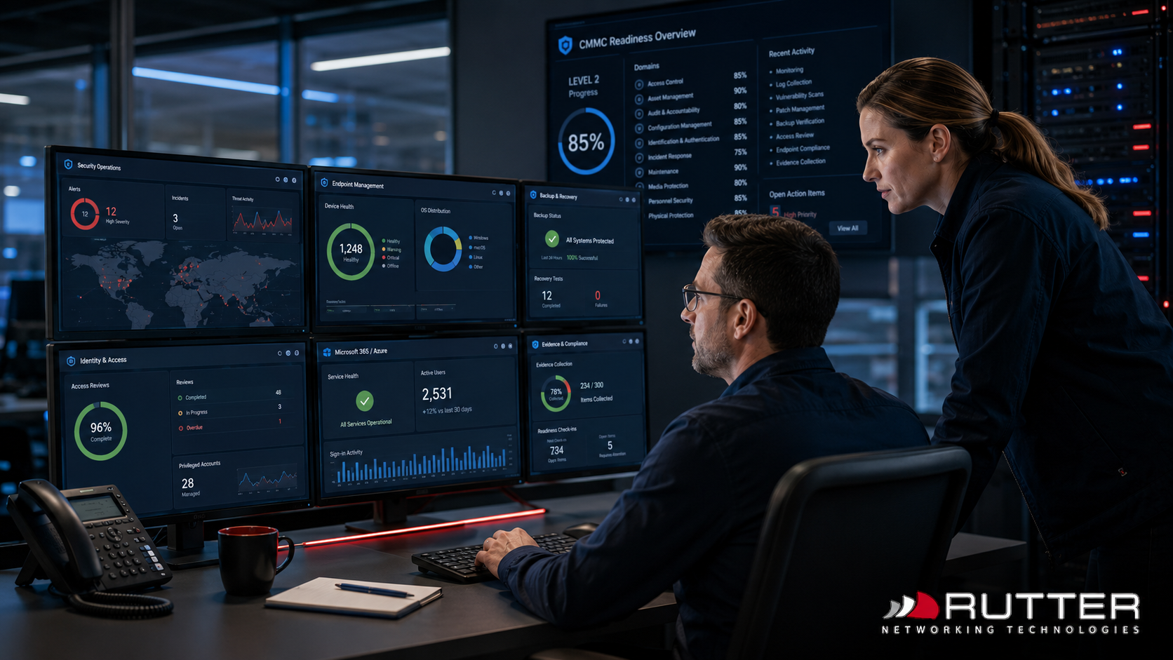 Rutter ongoing CMMC readiness support image showing IT and security teams monitoring identity, endpoints, backups, Microsoft 365, Azure, evidence collection, and readiness metrics. Rutter ongoing CMMC readiness support image showing IT and security teams monitoring identity, endpoints, backups, Microsoft 365, Azure, evidence collection, and readiness metrics.