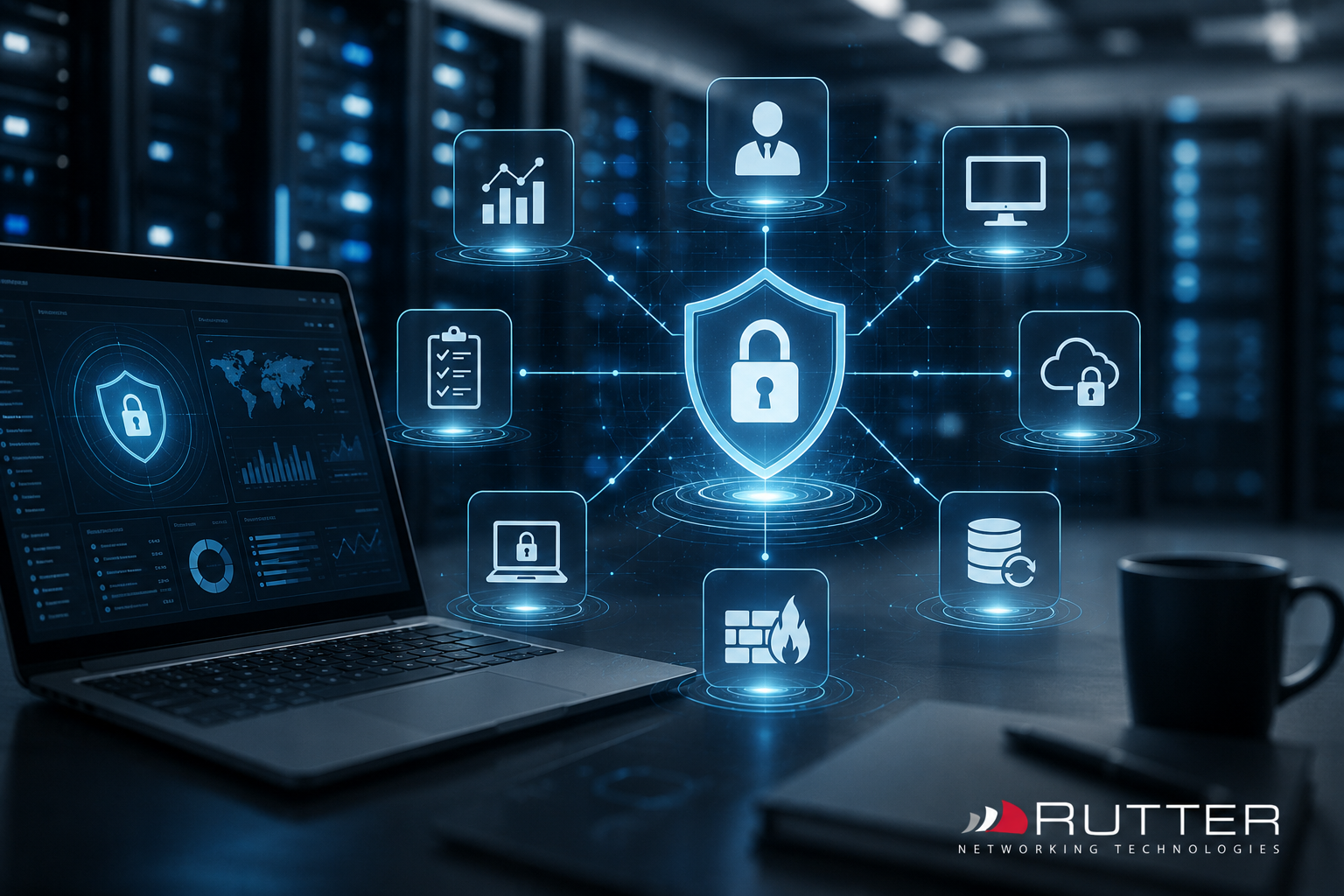 Rutter technical controls image showing centralized cybersecurity controls for identity, endpoints, cloud systems, backups, monitoring, firewalls, and remote access in a secure IT environment. Rutter technical controls image showing centralized cybersecurity controls for identity, endpoints, cloud systems, backups, monitoring, firewalls, and remote access in a secure IT environment.