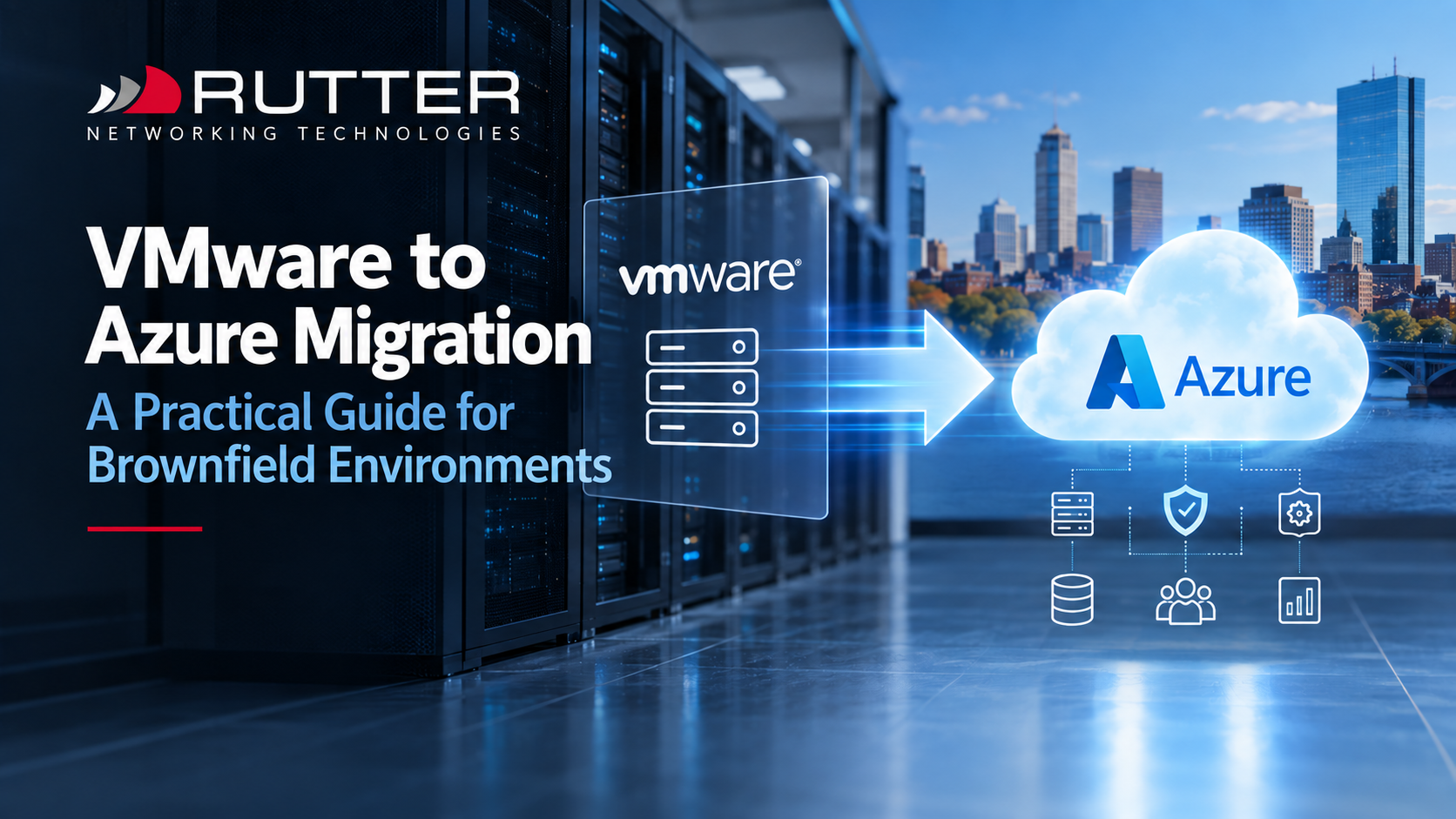 Rutter graphic showing VMware servers migrating to Microsoft Azure in a secure cloud environment